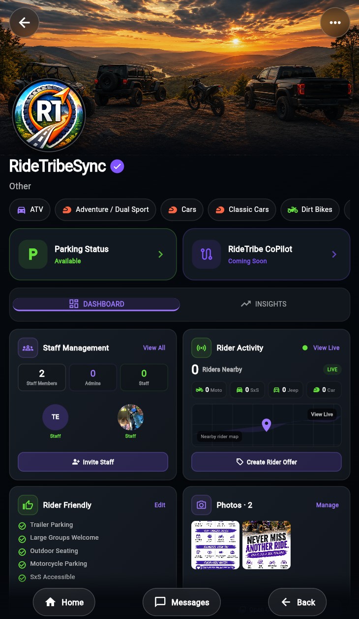 RideTribeSync dashboard app screen