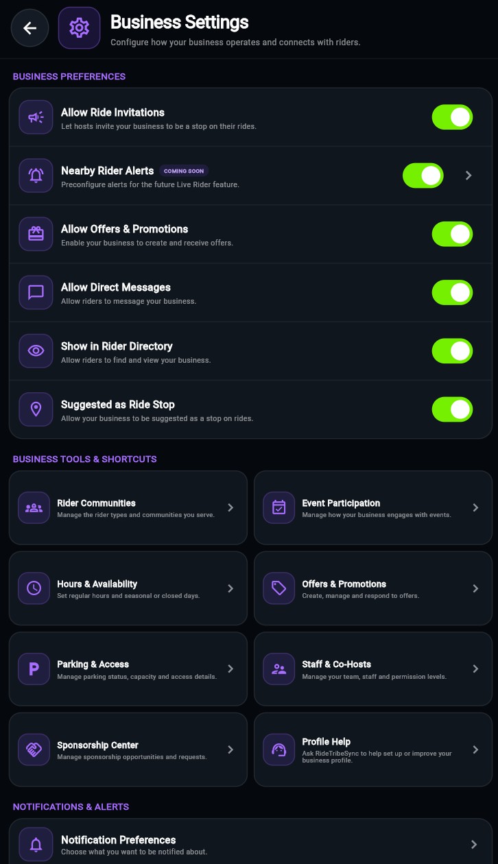 RideTribeSync settings app screen