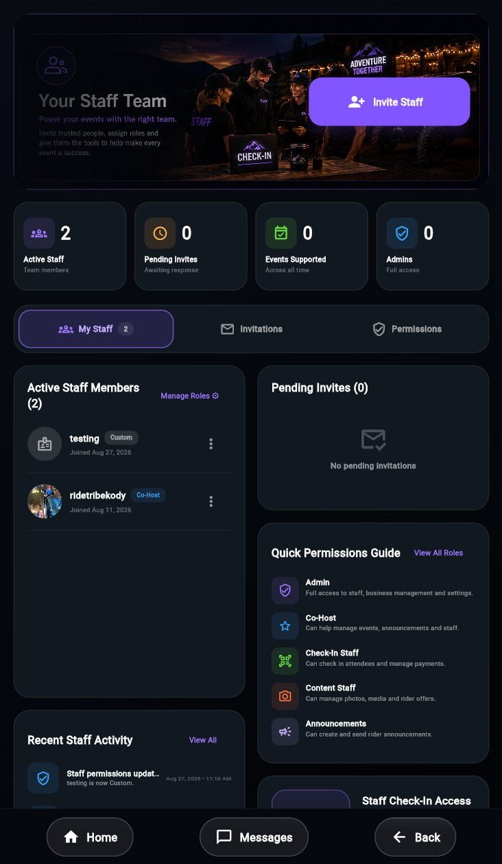 RideTribeSync staff app screen