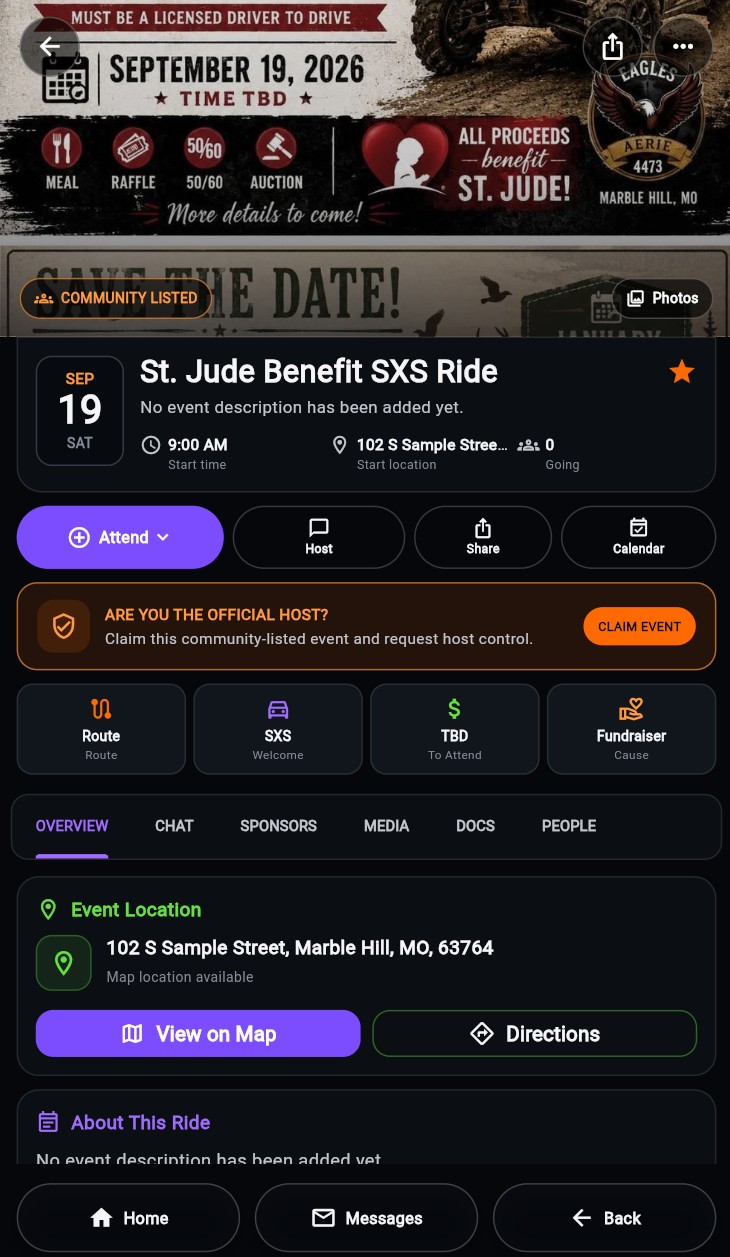 RideTribeSync event app screen