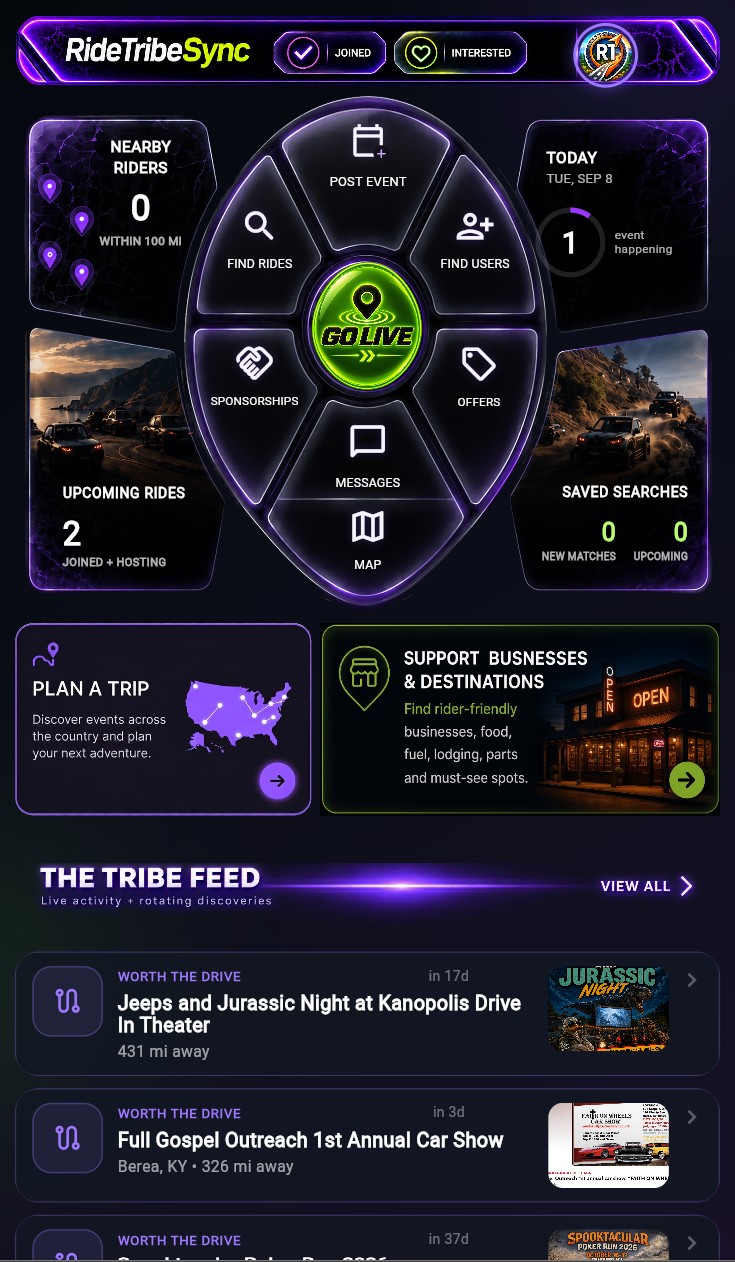 RideTribeSync dashboard app screen
