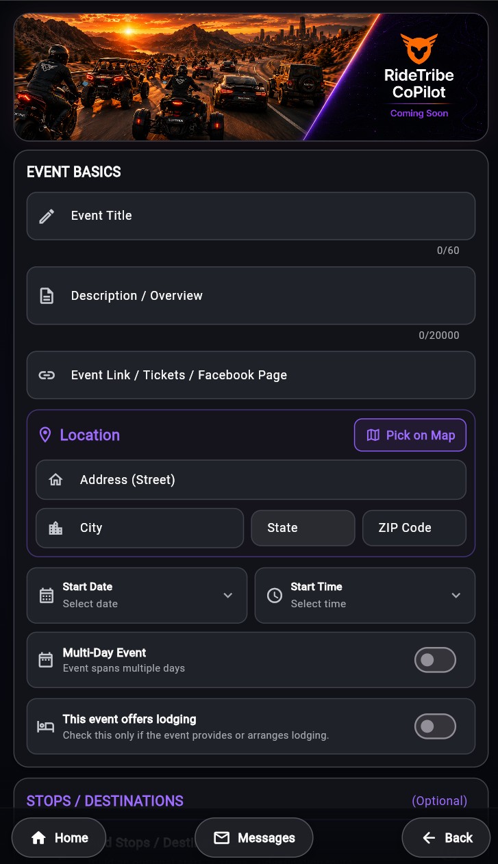 RideTribeSync create app screen