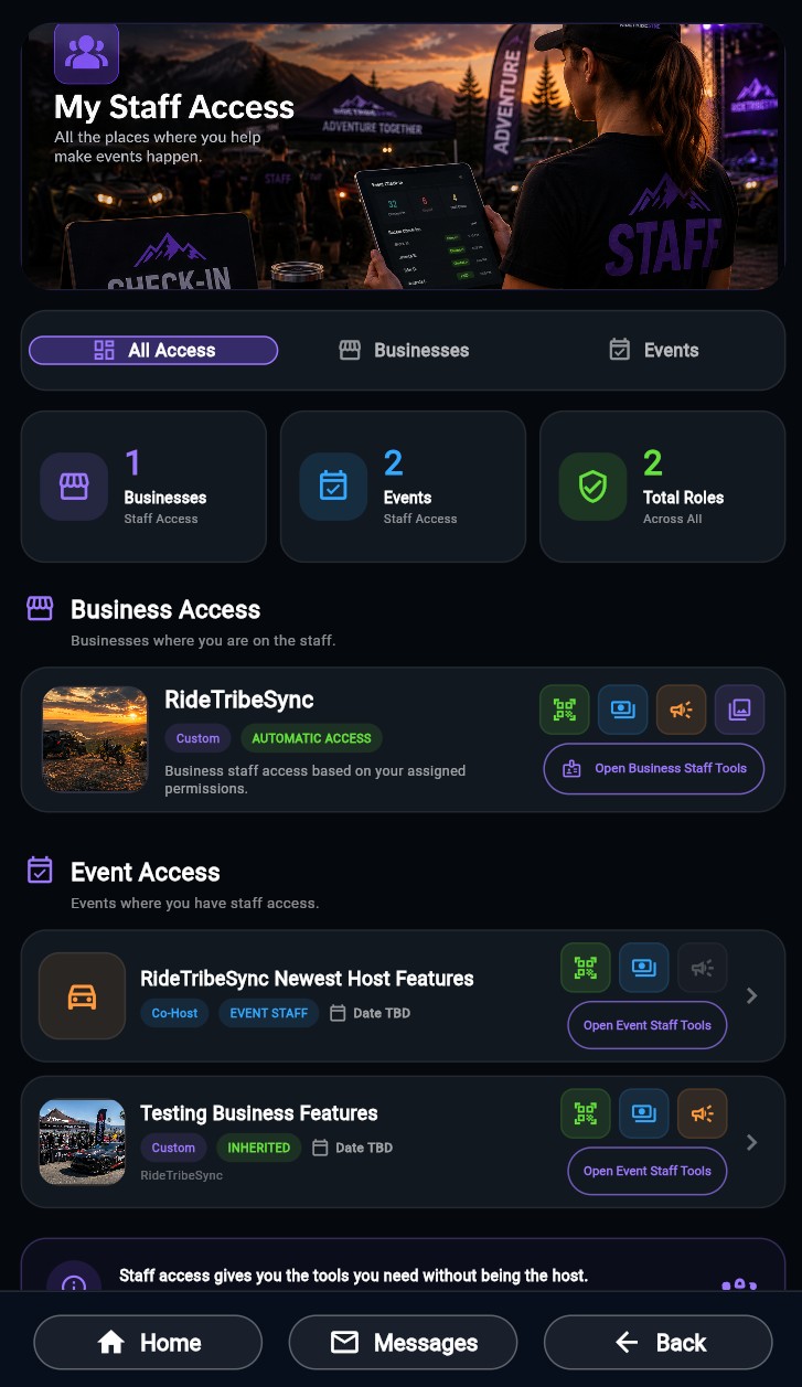 RideTribeSync staff app screen